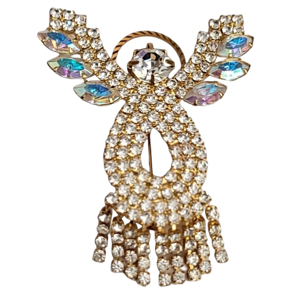 Vintage Angel Aurora Borealis and Clear Rhinestone Dangle Gold Toned Brooch 69